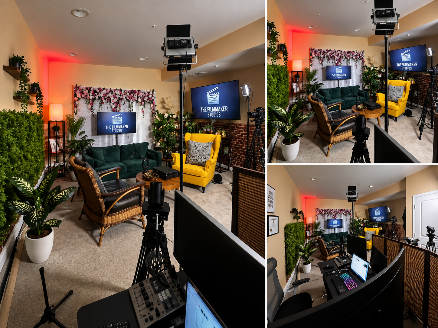 K5 Studios space collage showing the interview set, control desk, and production lighting