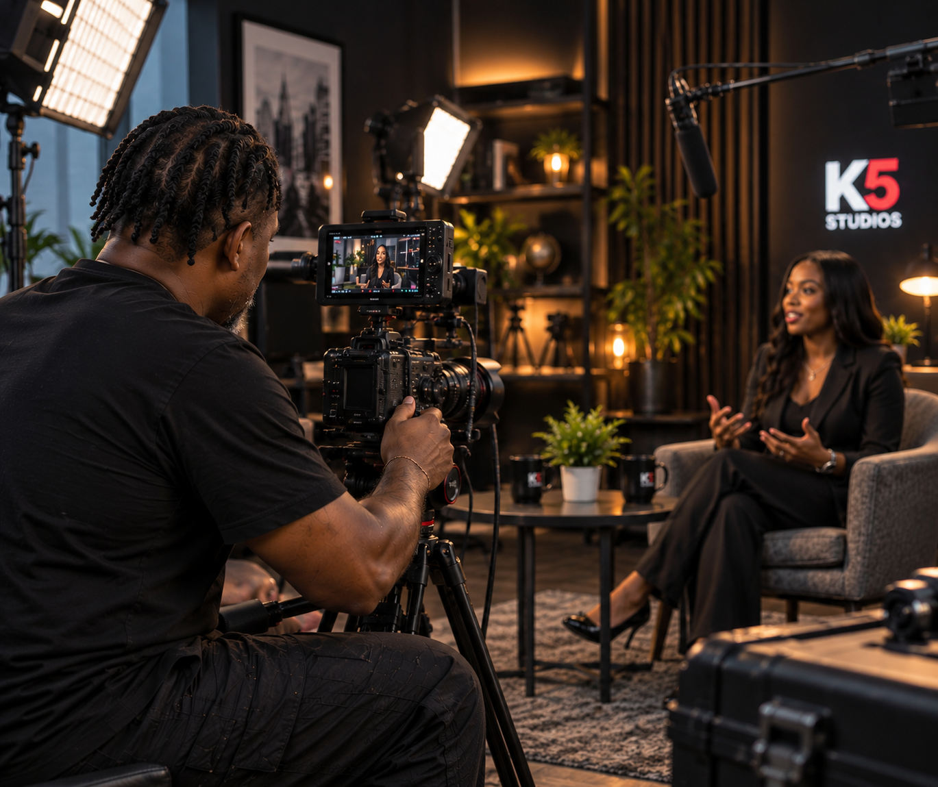 Video production crew filming an interview