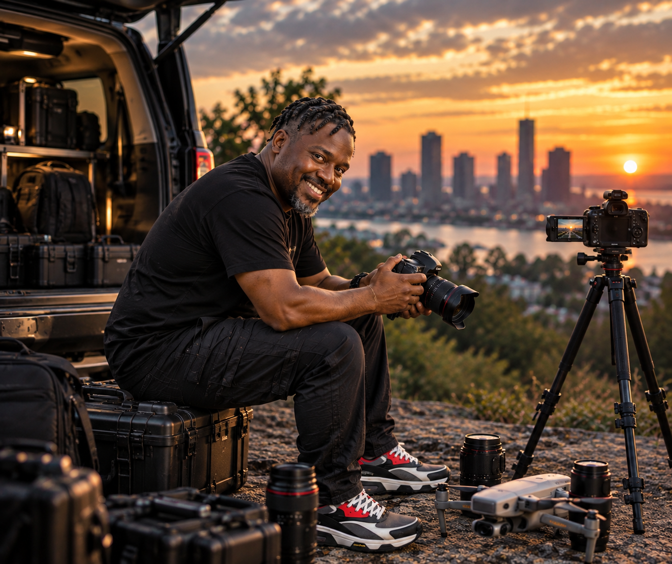 On-location production crew at dusk