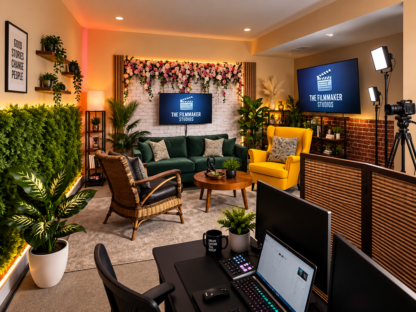 K5 Studios main interview set with green sofa, yellow accent chair, and professional lighting