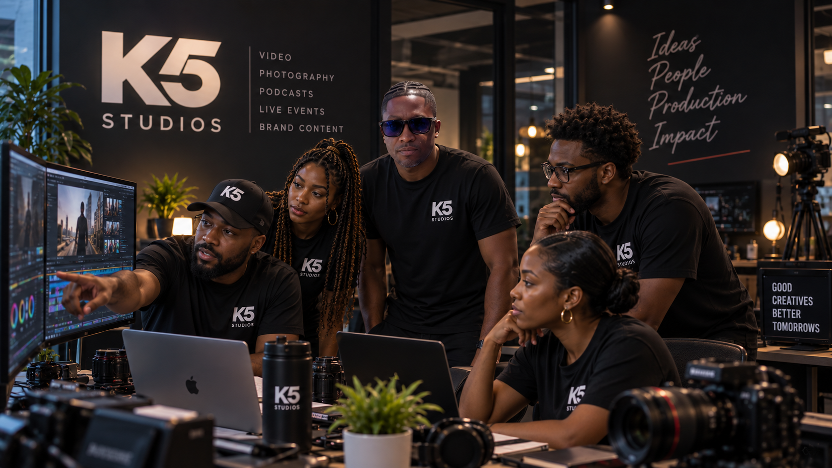 K5 Studios creative team collaborating in the production studio