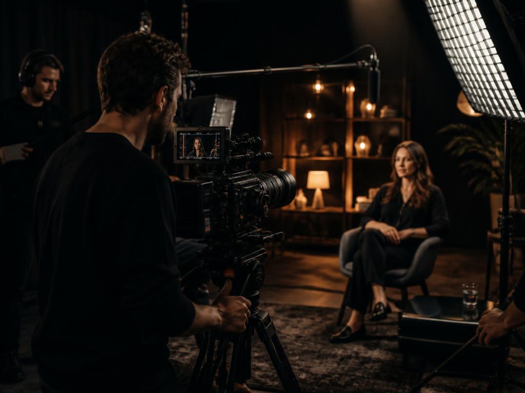 Video production crew filming in a cinematic studio
