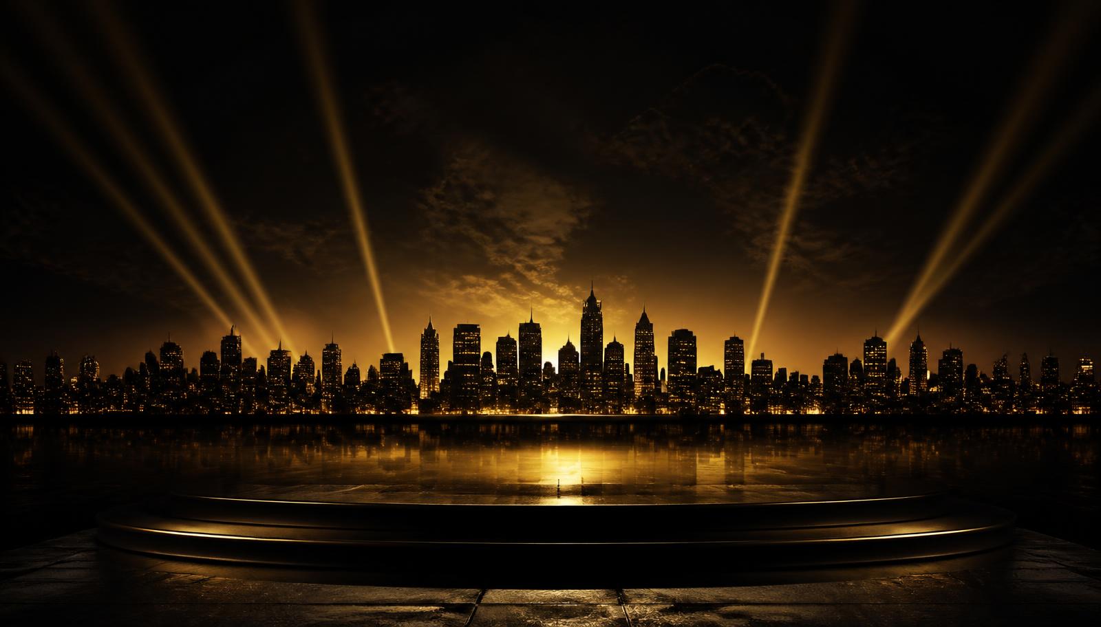Golden city skyline with spotlights for The City Awards